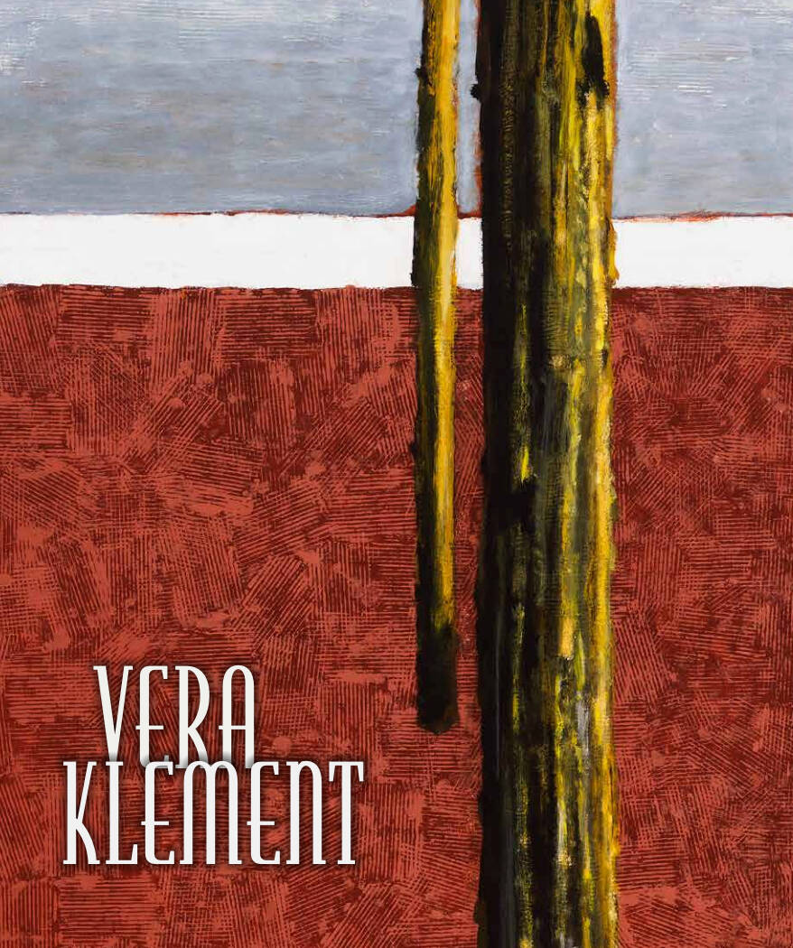 Catalogue cover for the exhibition "Vera Klement". Image is color blocking of grey, white, and red with a vertical shape that looks like a tree.